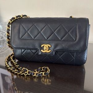 Chanel Vintage Diana Single Flap Size Small Black Quilted Lambskin Leather